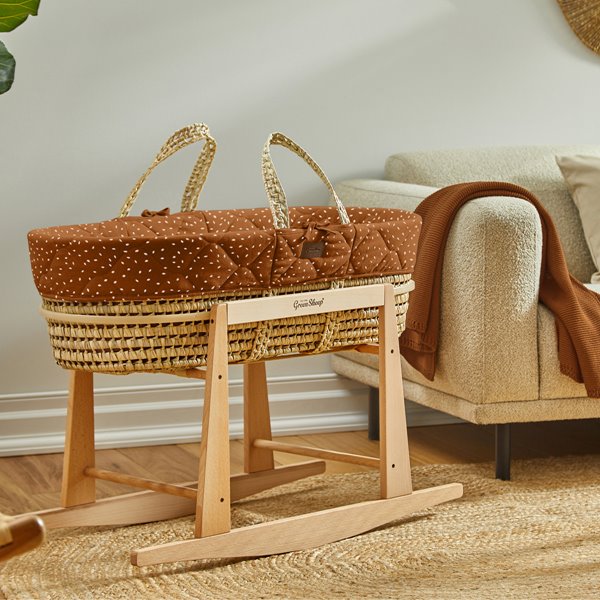 The Little Green Sheep - Natural Quilted Moses Basket & Mattress Terracotta Rice