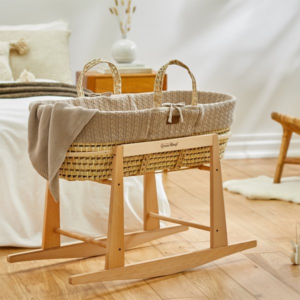 The Little Green Sheep - Natural Knitted Moses Basket, Mattress & Stand - Truffle 