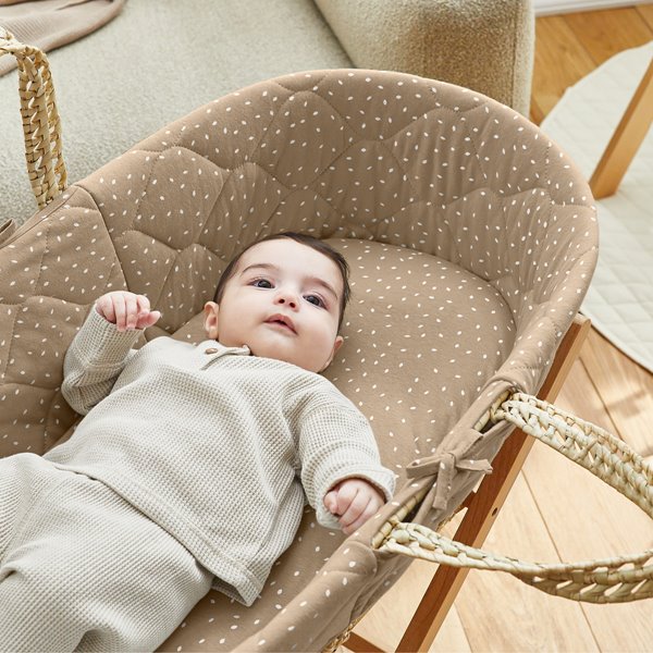 The Little Green Sheep - Natural Quilted Moses Basket, Mattress & Stand - Truffle Rice